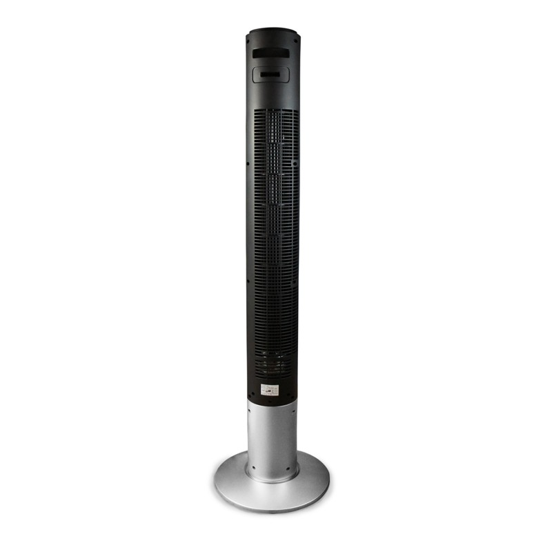 Un ventilateur tour noir et argenté se dresse sur un fond blanc. Il possède une base circulaire et un corps long et cylindrique.