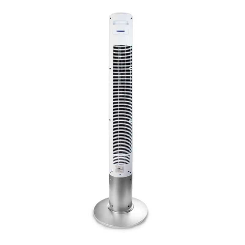 A white tower fan with a silver base stands on a white background. The fan has a vertical vent and a control panel at the top.