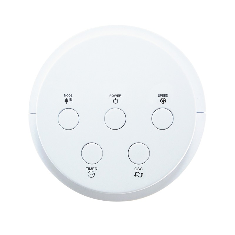 A white, circular control panel with buttons for mode, power, speed, timer, and oscillation. Icons depict functions. Background is white.