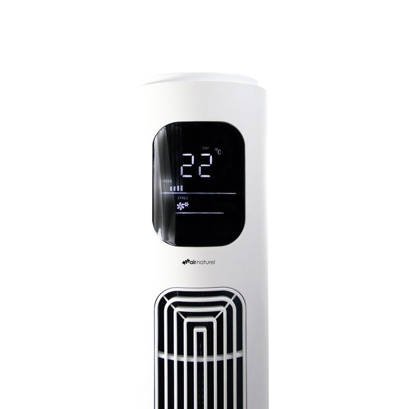 A white air purifier displays 22 degrees Celsius. It has a digital display, air vents, and the 'Pairnaturel' logo.