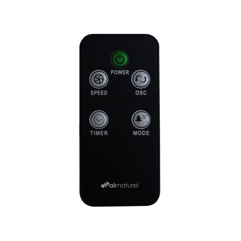 Black remote control with buttons for power, speed, oscillation, timer, and mode. The brand name 'airnaturel' is at the bottom.