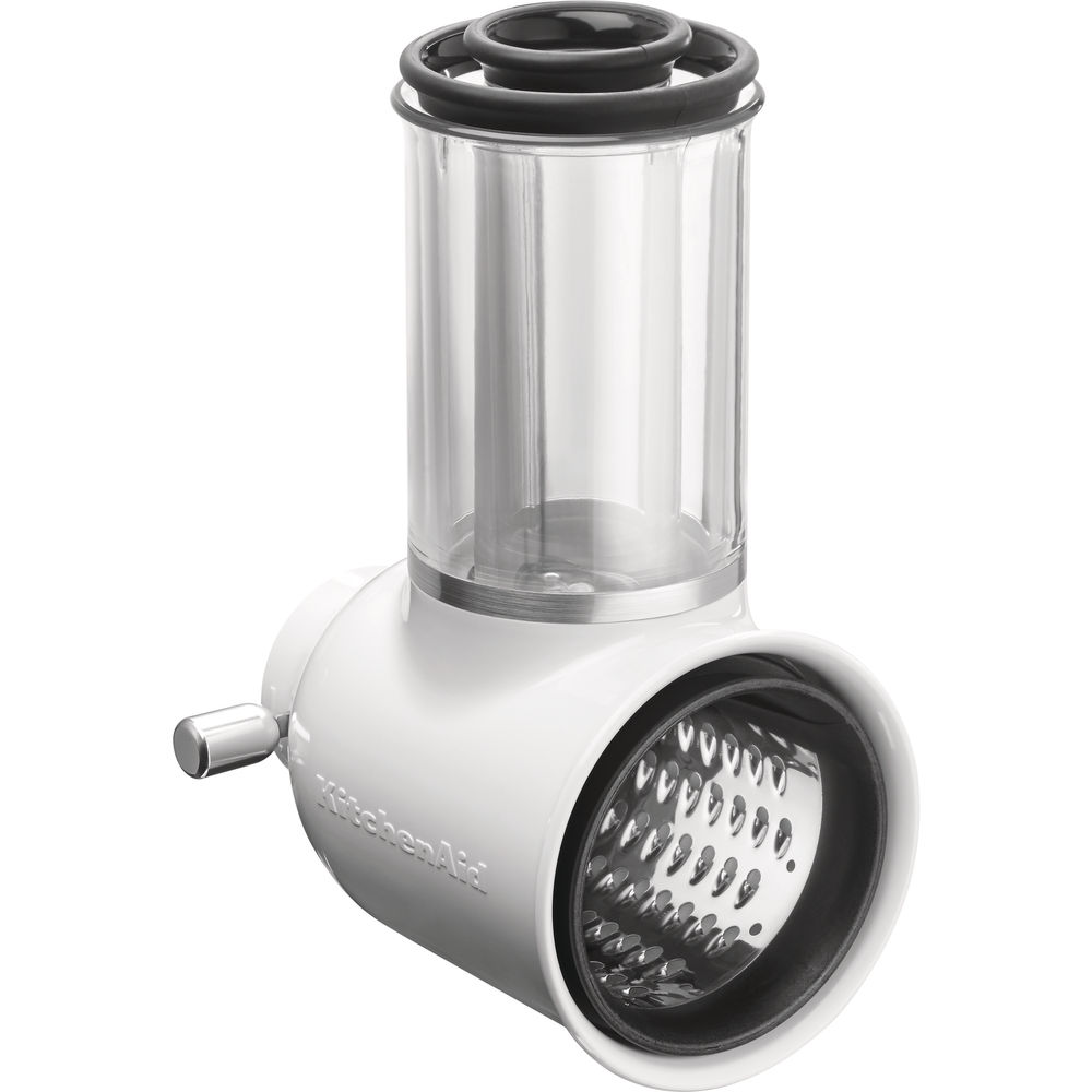 White KitchenAid food grater with a clear container and a black ring. It is on a white background.
