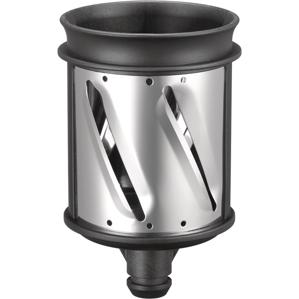 A stainless steel spiral vegetable slicer, with a black base and rim.