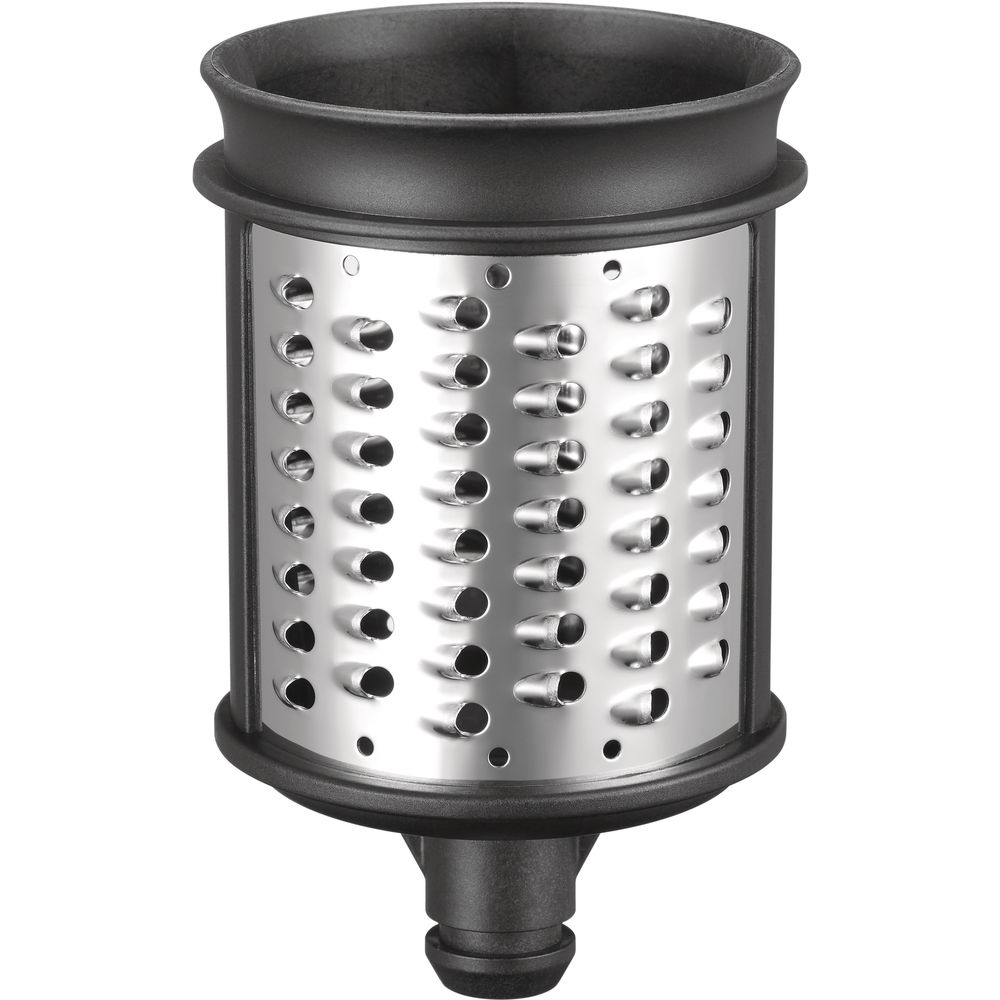 Close-up of a silver grater with many holes, black top and bottom.
