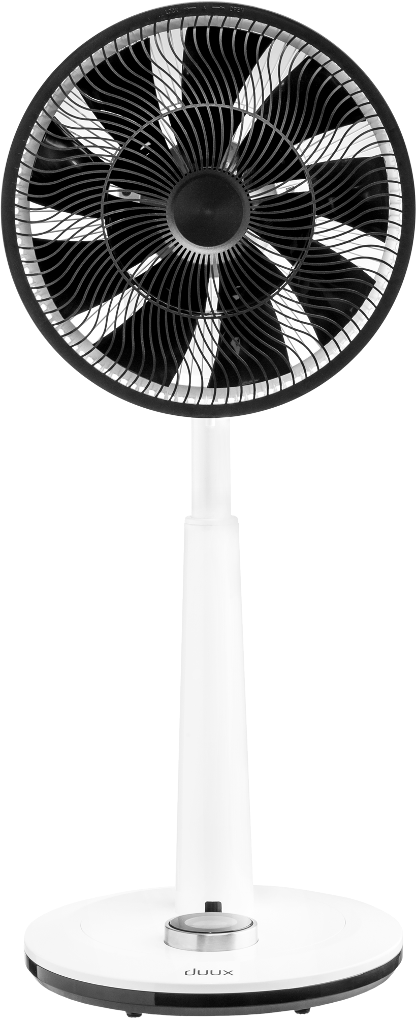 Een witte en zwarte ventilator met een ronde voet en bladen.