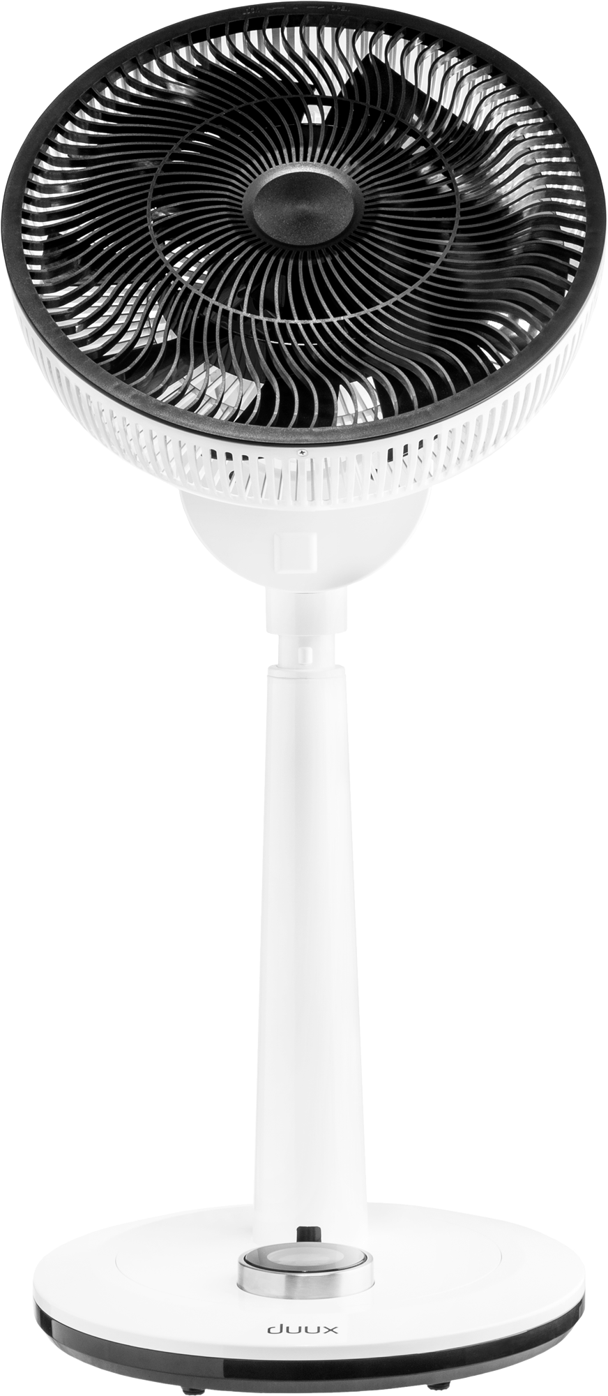Witte en zwarte ventilator op zwarte achtergrond.