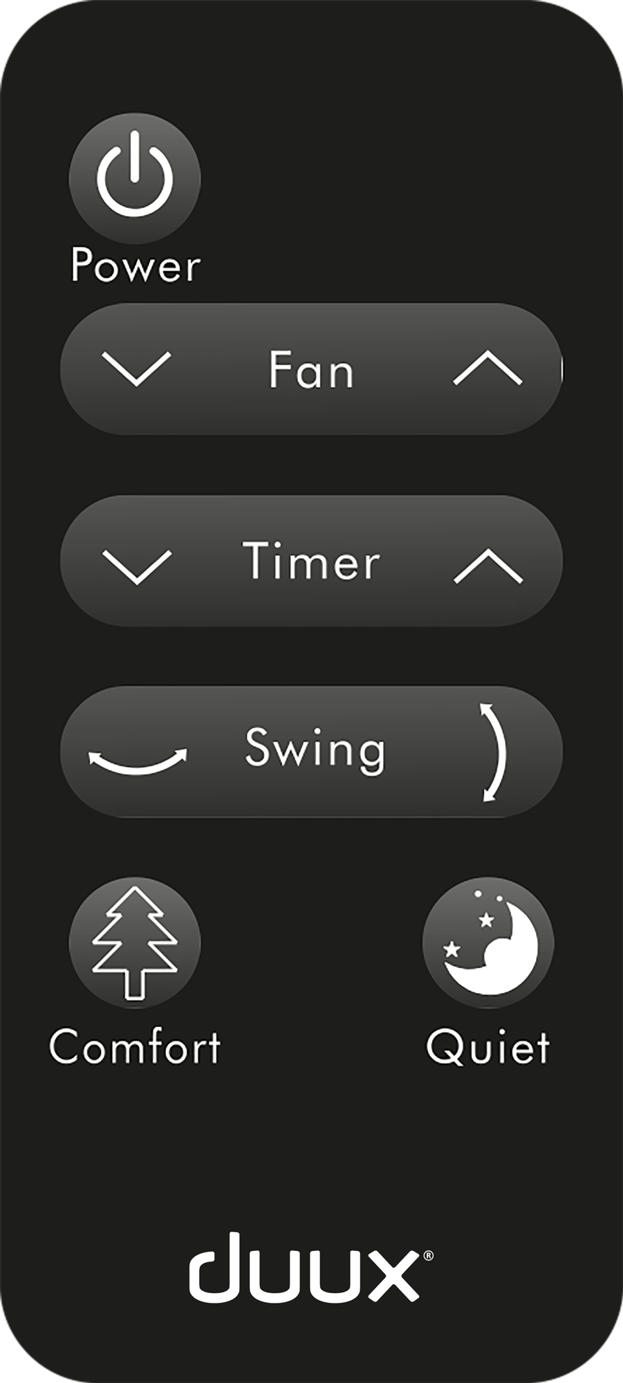 Afstandsbediening met knoppen voor stroom, ventilator, timer, swing, comfort en stil.