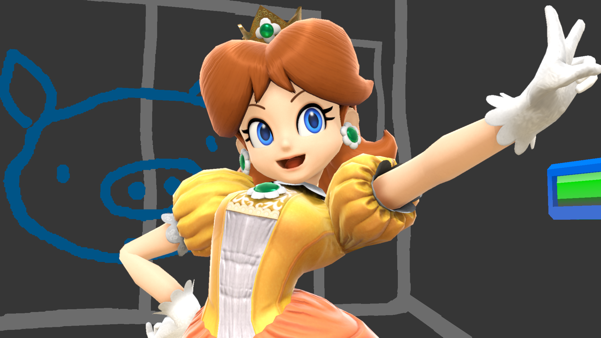 Prinses Daisy van Super Smash Bros, lachend en poserend met een handgebaar.