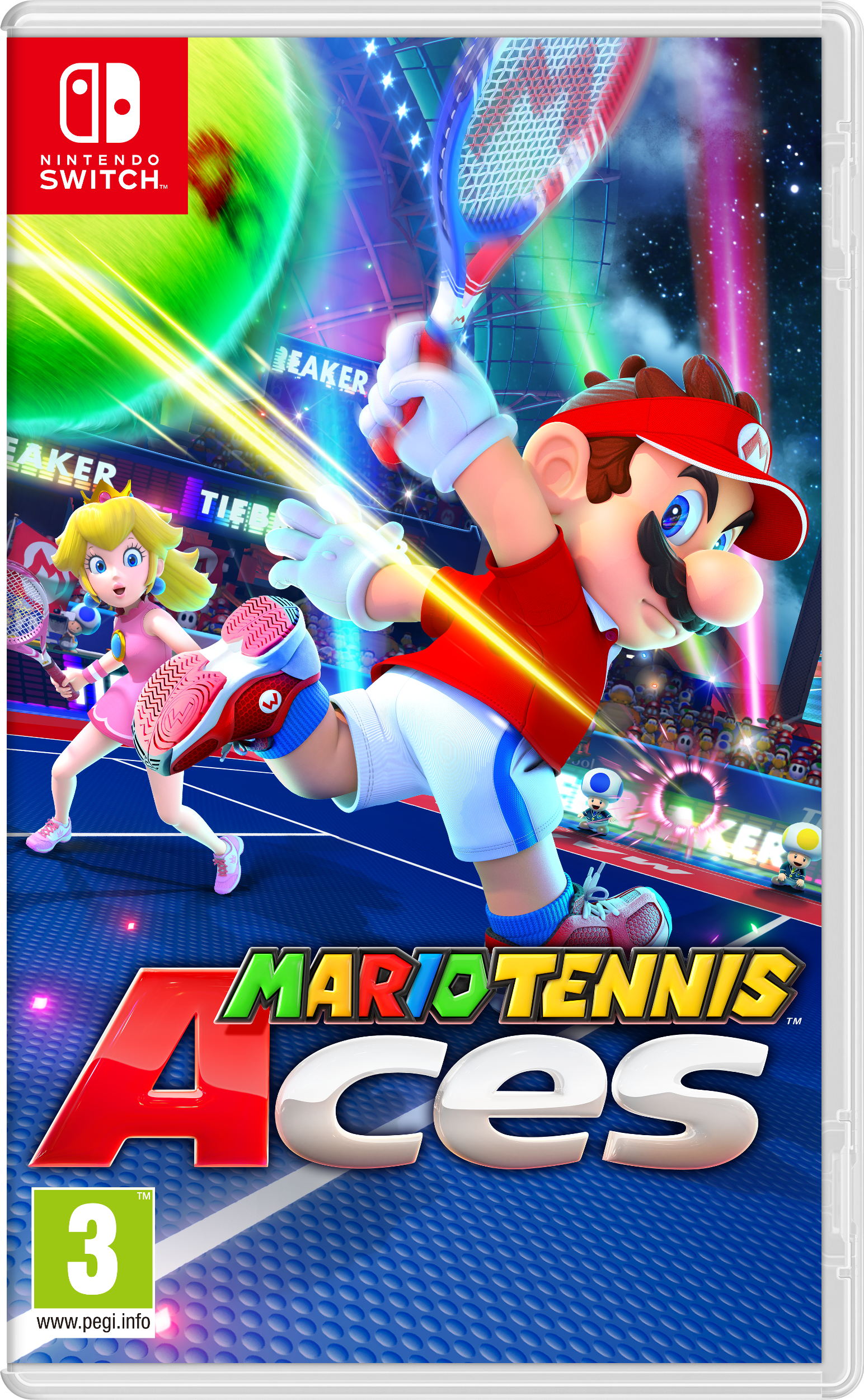 Nintendo Switch gamebox. Mario Tennis Aces cover art. Mario en Peach tennissen.
