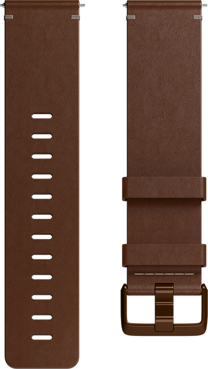Deux bracelets de montre en cuir marron avec une boucle marron. Les bracelets sont sur fond noir.