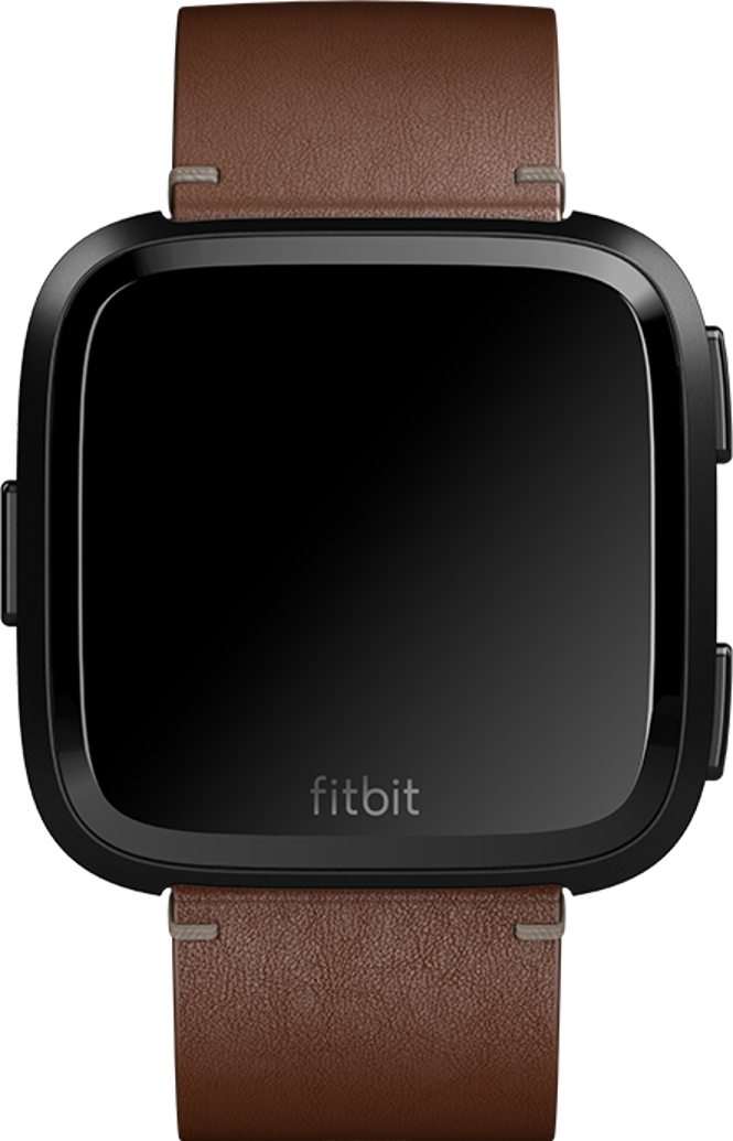 Smartwatch Fitbit noire avec bracelet en cuir marron. L'écran est noir et porte le logo Fitbit.
