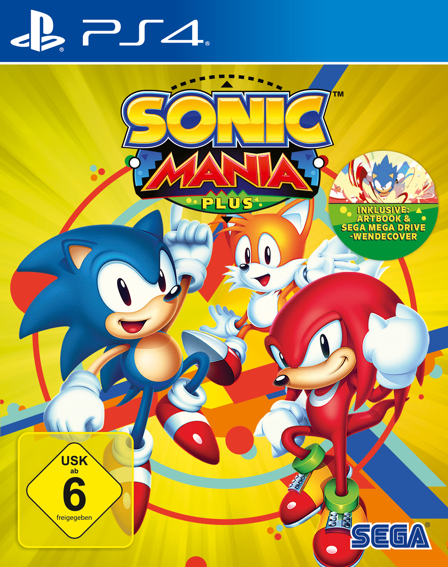 Sonic Mania Plus Spielhülle mit Sonic, Tails und Knuckles.