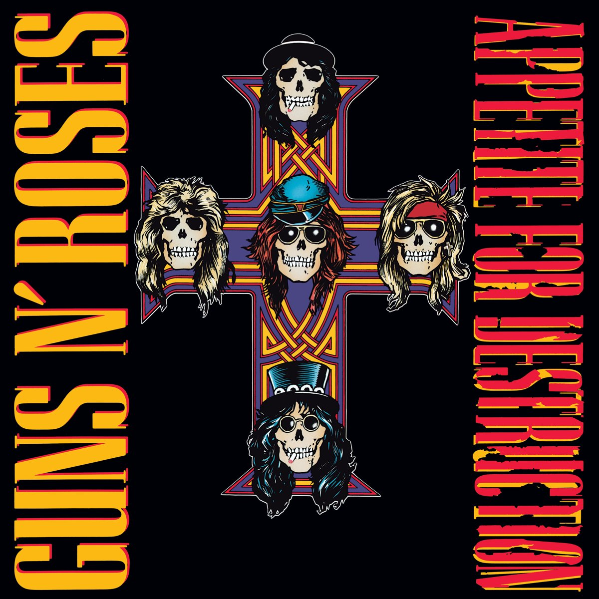 Pochette de l'album 'Appetite for Destruction' de Guns N' Roses. Croix de crânes, nom du groupe en jaune.