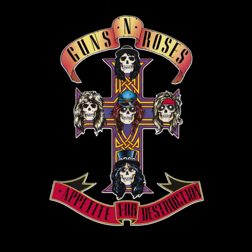 Pochette de l'album 'Appetite for Destruction' de Guns N' Roses. Croix de crânes et le nom du groupe.