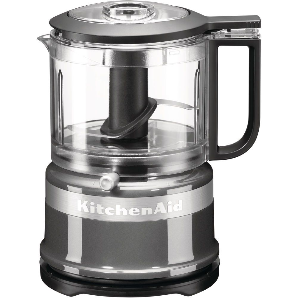 KitchenAid foodchopper, grijze basis, doorzichtige kom, zwarte deksel en handvat.