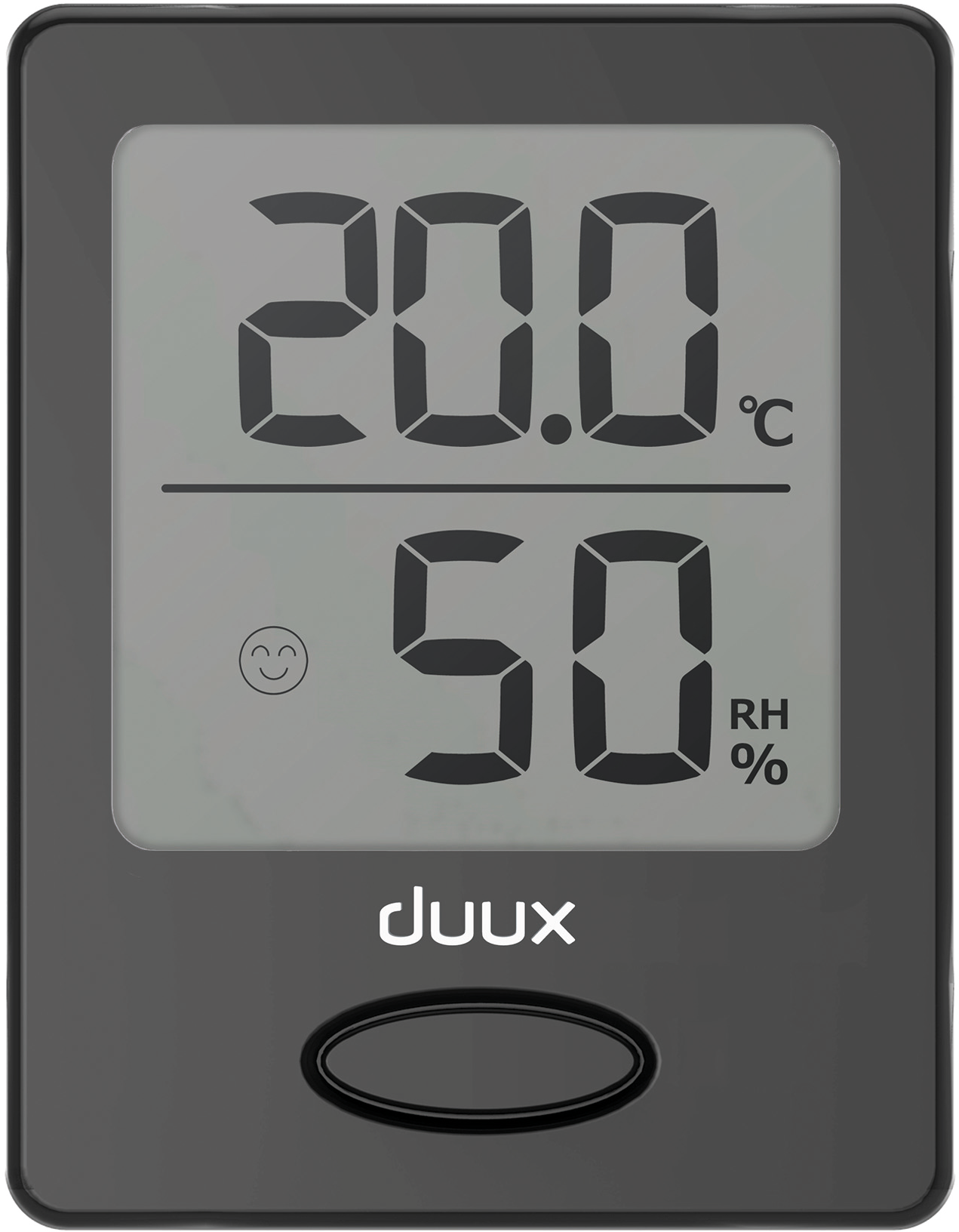 Black digital thermometer displaying 20.0°C and 50% RH, with a happy face icon.