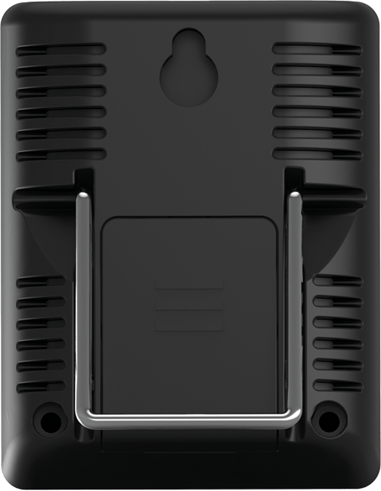 Black rectangular device back with ventilation slots, hanging hole, and a metal stand.
