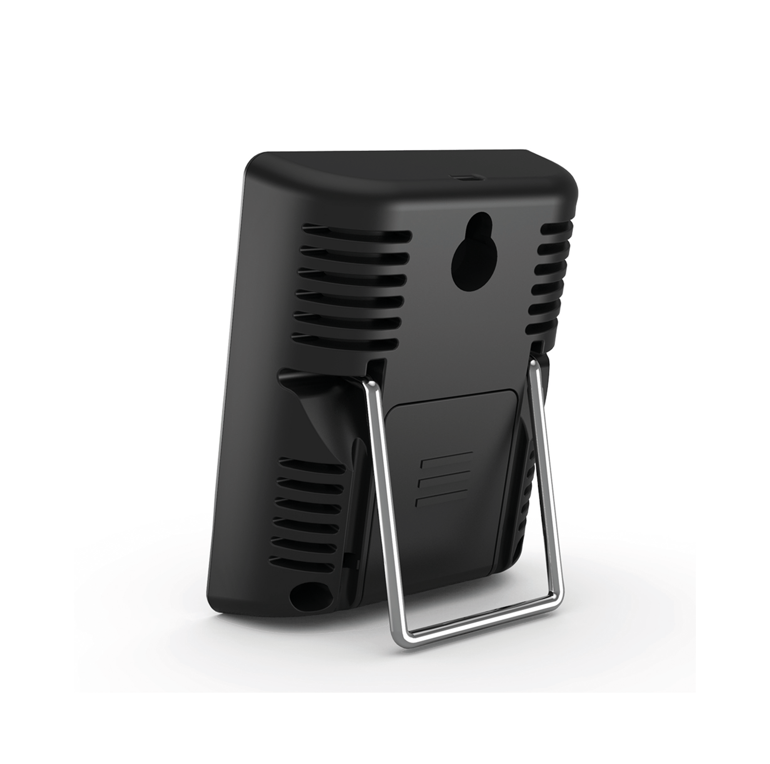 Black digital thermometer with a stand. The back has a hole and a battery cover.