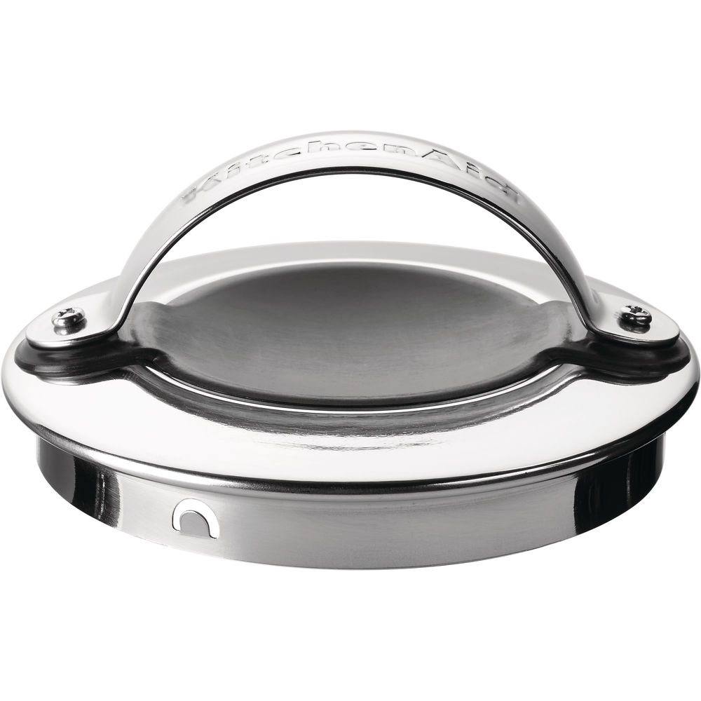 RVS KitchenAid hamburgerpers met handvat en logo. Ronde vorm.