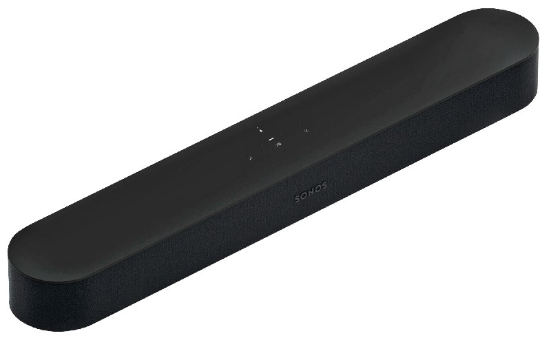 Lange schwarze Sonos-Soundbar, Draufsicht, mit SONOS-Logo.