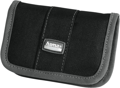 Étui d'appareil photo noir avec logo argenté.