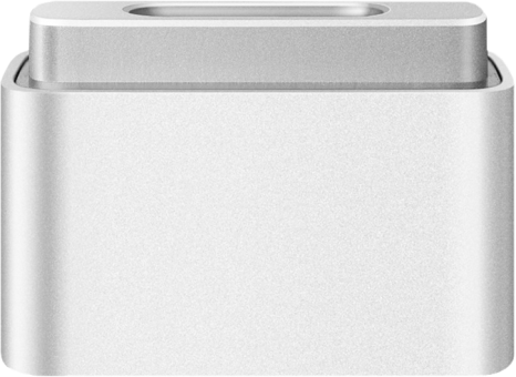 Un adattatore argentato. Ha una forma rettangolare, con un'apertura in alto. Un design metallico.