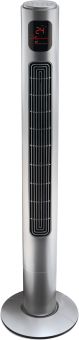 Silberner Turmventilator mit schwarzem Gitter und Digitalanzeige. Runder Sockel.