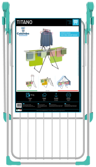 Metall-Wäscheständer mit Poster, das Merkmale und Kleidung zeigt.
