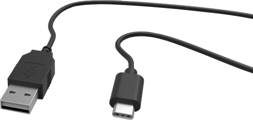 Câble USB-C et USB noir. Port USB-C à droite, USB-A à gauche.