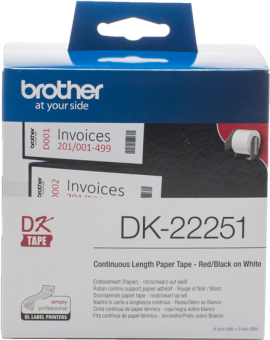Box mit Brother DK-22251-Band. Enthält Rechnungsaufkleber, rot/schwarz auf weiß. Brother-Logo oben.