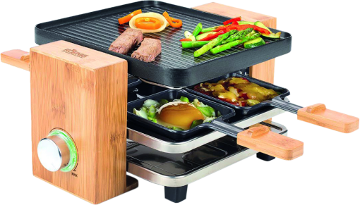 Raclette-Grill mit Essen: Fleisch, Gemüse und Käse, auf Bambus-Basis.