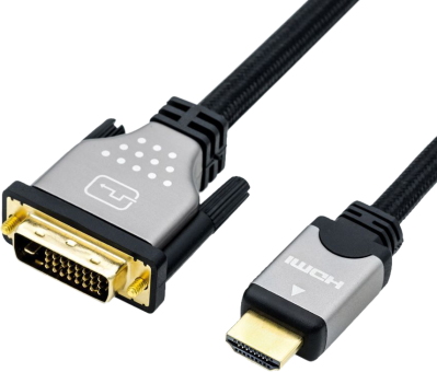 Cavo DVI a HDMI. L'estremità DVI è argento e oro, l'estremità HDMI è argento e nero.