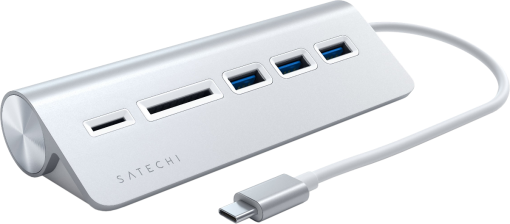 Hub USB-C Satechi argenté avec plusieurs ports et un câble.