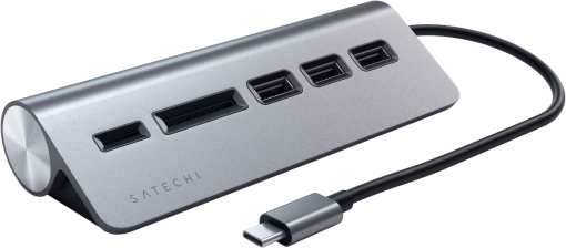 Silberner USB-Hub mit vier USB-Anschlüssen, einem Kartenleser und einem USB-C-Kabel.