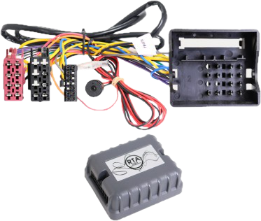 Kabelbaum für Autoradio mit Steckern, kleinem Lautsprecher und grauer Steuerbox auf schwarzem Hintergrund.