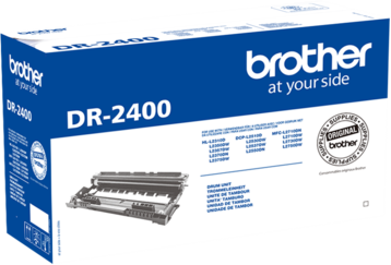 Una scatola di cartucce toner Brother DR-2400, bianca e blu, con dettaglio della cartuccia.