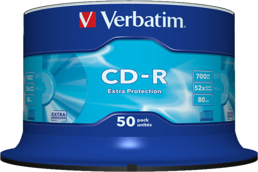 Confezione da 50 CD-R Verbatim blu, testo bianco e design CD blu e bianco.