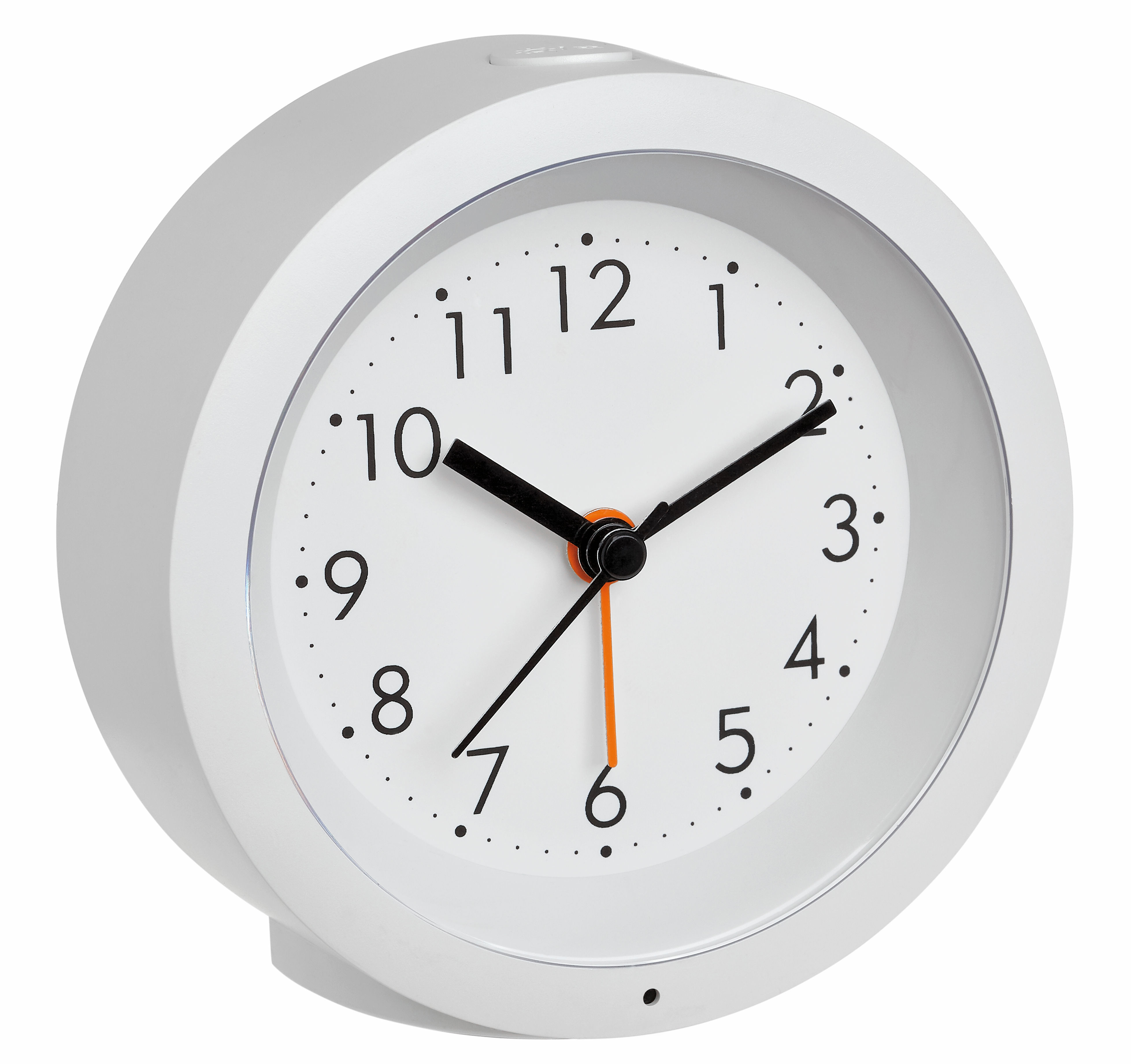 Wecker mit schwarzen Zeigern und orangefarbenem Sekundenzeiger. Die Uhr zeigt 1:10.