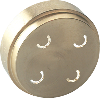 Eine Messing-Nudelextruder-Matrize mit vier halbmondförmigen Löchern, mit schwarzem Hintergrund.