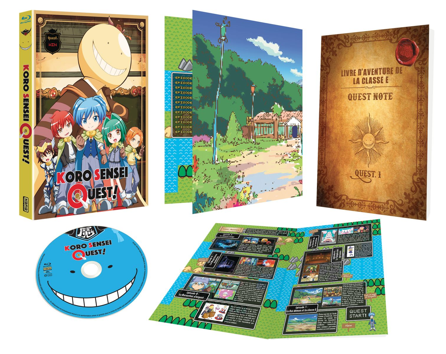 Anime DVD set with various items: disc, booklet, map, and cover art with characters.