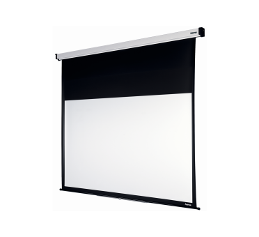 Écran de projecteur, haut noir et écran blanc, dans une pièce sombre.