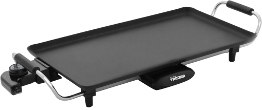 Une plaque de cuisson électrique Tristar noire, rectangulaire, avec commandes de température et poignées. Dessus plat.