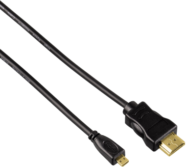 Schwarzes HDMI-Kabel mit zwei verschiedenen Steckern. Einer ist Micro-HDMI, der andere Standard-HDMI.