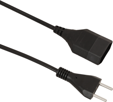 Ein schwarzes Netzkabel mit einem Buchsen- und einem Stecker. Es befindet sich auf schwarzem Hintergrund.