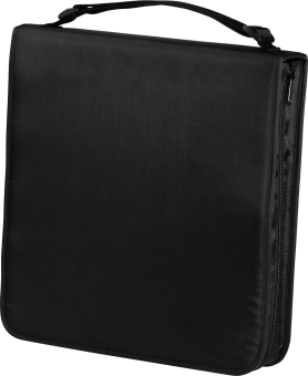 Schwarze Reisetasche mit Griff und Reißverschluss, geschlossen und aufrecht.