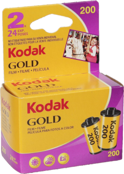 Kodak Gold Filmbox mit zwei Filmrollen und Bildern von Personen. Gelbe und lila Box.