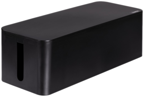 Eine schwarze Kabelmanagementbox. Sie hat eine Öffnung an der Seite, damit Kabel eintreten können.