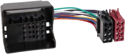 Connecteur de radio de voiture. Connecteurs noirs, gris et rouges. Fond noir.