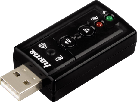 Schwarze USB-Soundkarte mit Knöpfen, LEDs und einem 'hama'-Logo, vor weißem Hintergrund.