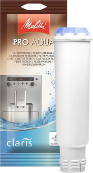 Cartuccia filtro acqua bianca con tappo blu. Testo: PRO AQUA, claris e logo Melitta sul fronte.